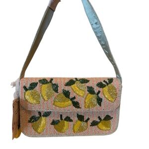 Lemon Beaded Shoulder Bag with Pink and Green Stripes